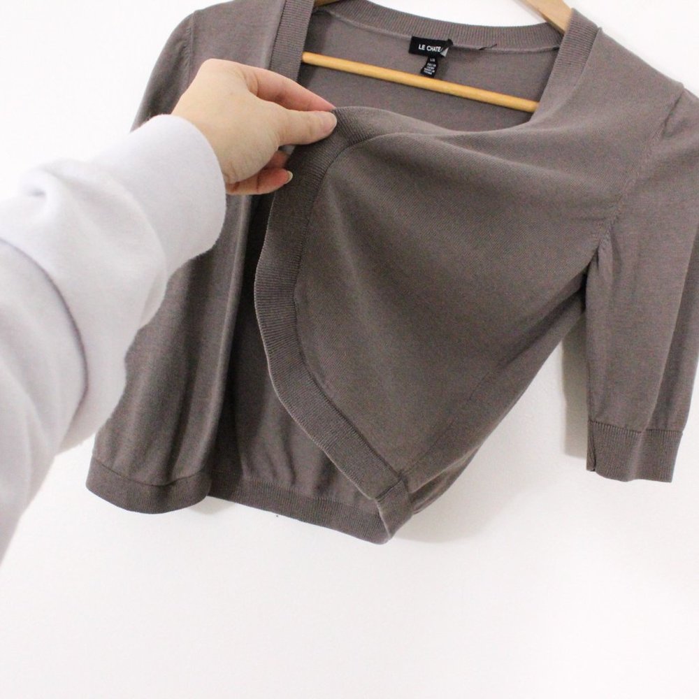 *Le Chateau Brown Beige Cropped 3/4 Sleeve Cardigan - Picture 6 of 7